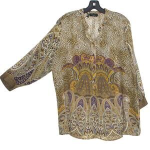 Javier Simorra Top 3/4 Sleeve Leopard Boho Sheer Resort Statement Brown Plus 14